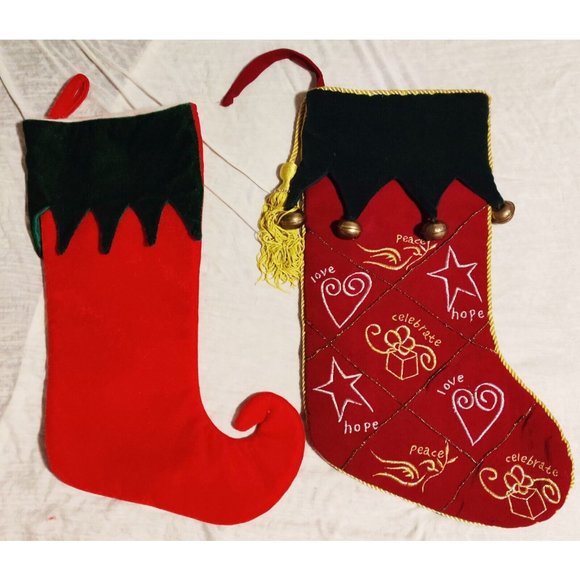 Vtg Lot of 4 Assorted Christmas Stocking - Bells, Elf, Monogram M, Leopard Trim - Picture 3 of 11